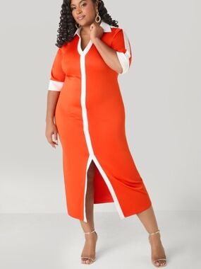 Women's Ashley Stewart Vibrant Orange Maxi Shirt Dress with White Trim
